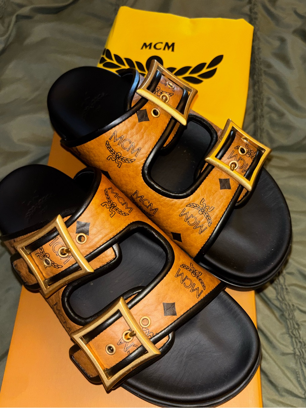 Mcm Cognac Logo Leather Double-Buckle Slides With Gold Hardware With Box